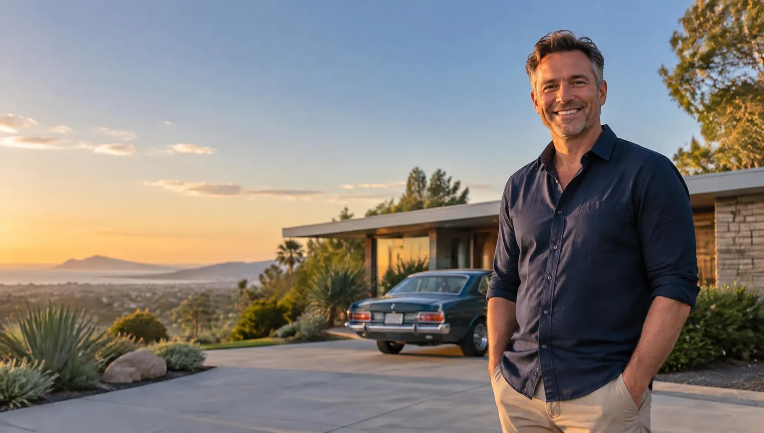 A Haven member standing in front of his home at sunset